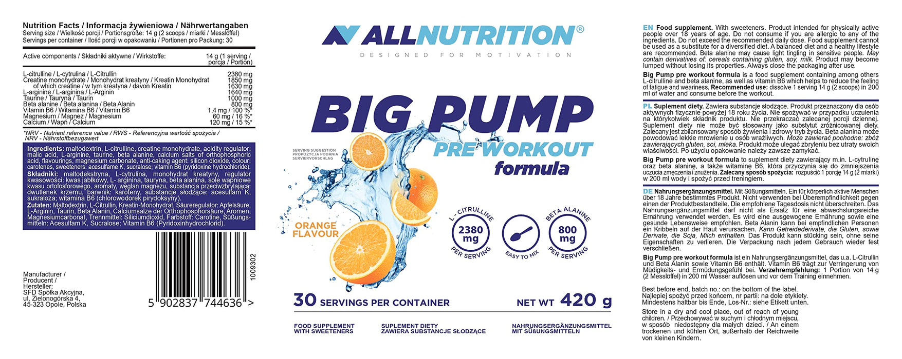 Allnutrition Big Pump, Orange 420g - Beta-Alanine at MySupplementShop by Allnutrition