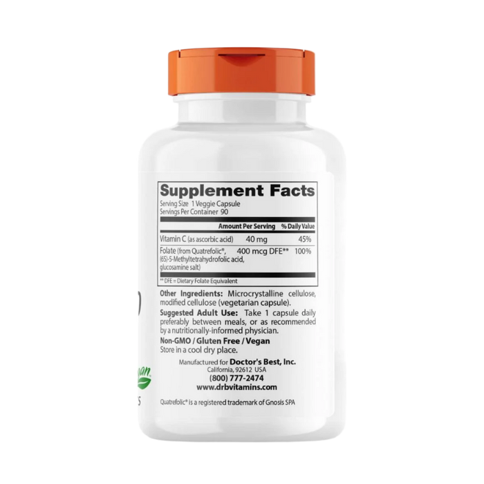 Doctor's Best Fully Active Folate 400 with Quatrefolic 400 mcg 90 Veggie Capsules