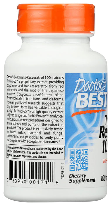 Doctor's Best Trans-Resveratrol with ResVinol-25, 100mg - 60 vcaps - Health and Wellbeing at MySupplementShop by Doctor's Best