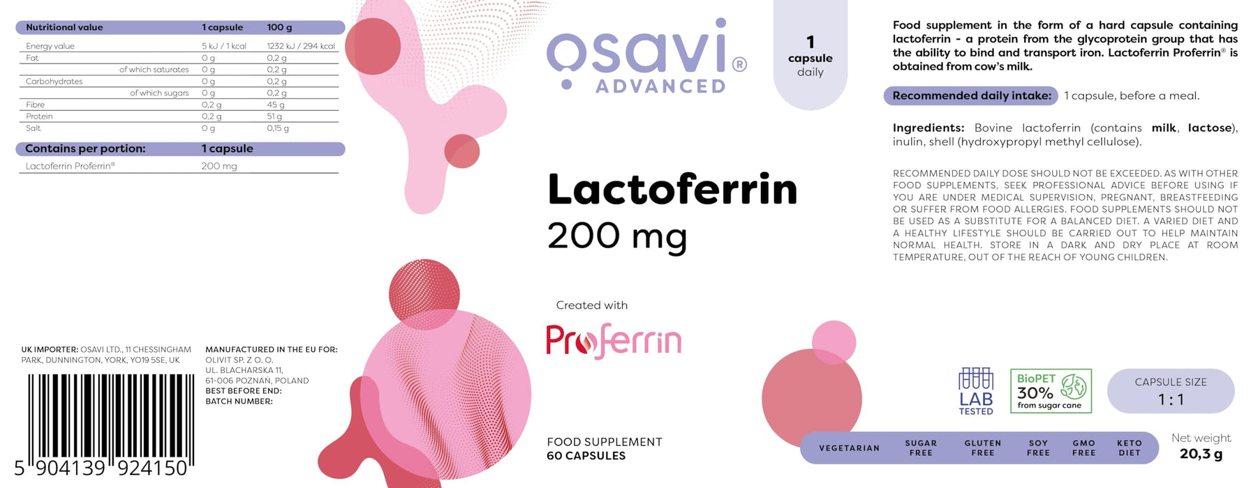 Osavi Lactoferrin, 200mg - 60 caps - Sports Nutrition at MySupplementShop by Osavi
