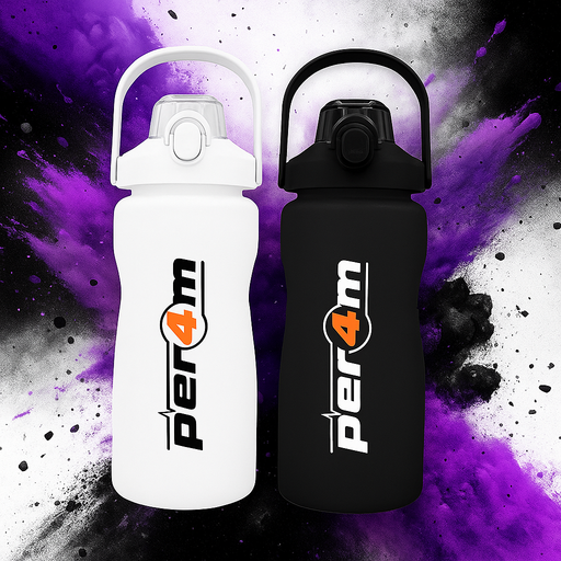 Black and white Per4m water bottles with the original orange "4" logo, set against a dynamic purple and black explosion background