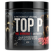 Pre-workout supplement container with branding and product details on a white background
