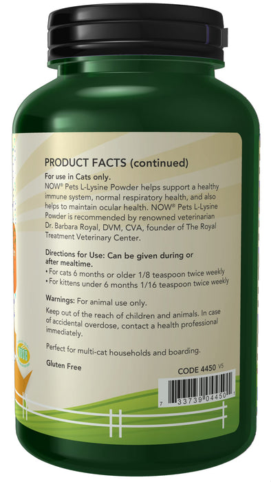 NOW Foods Pets, L-Lysine for Cats - 226g - Pet supplements at MySupplementShop by NOW Foods