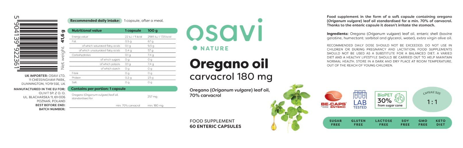 Osavi Oregano Oil Carvacrol, 180mg - 60 enteric caps - Oregano at MySupplementShop by Osavi