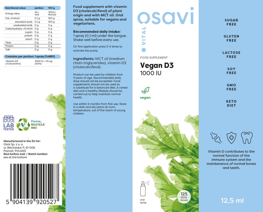 Osavi Vegan D3 Oral Spray, 1000IU - 12.5 ml. - Vitamin D at MySupplementShop by Osavi