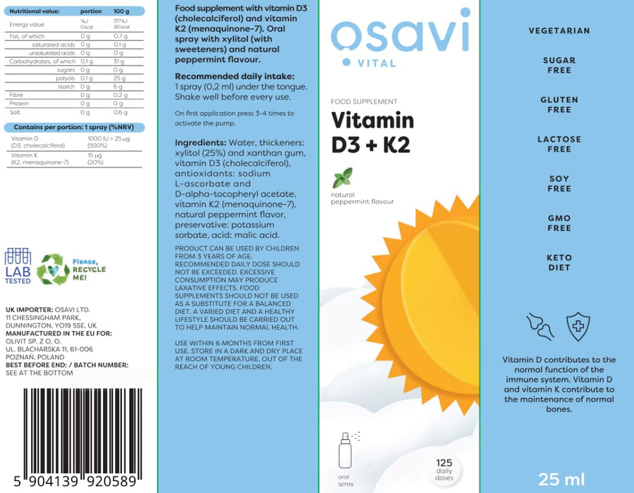 Osavi Vitamin D3 + K2 Oral Spray, Peppermint - 25 ml. - Vitamin D at MySupplementShop by Osavi